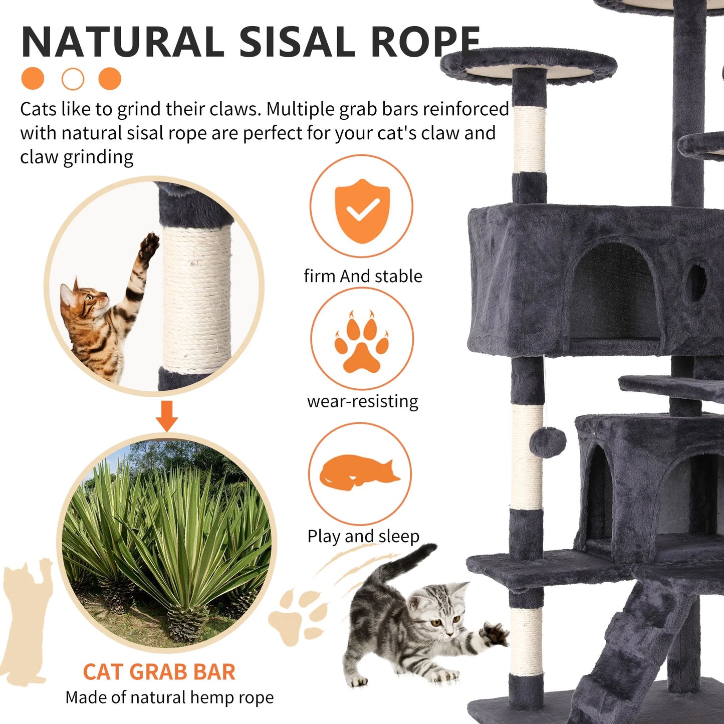 54-Inch Double Condo Cat Tree Tower with Scratching Post and Perch for Indoor Use, Ashy Finish