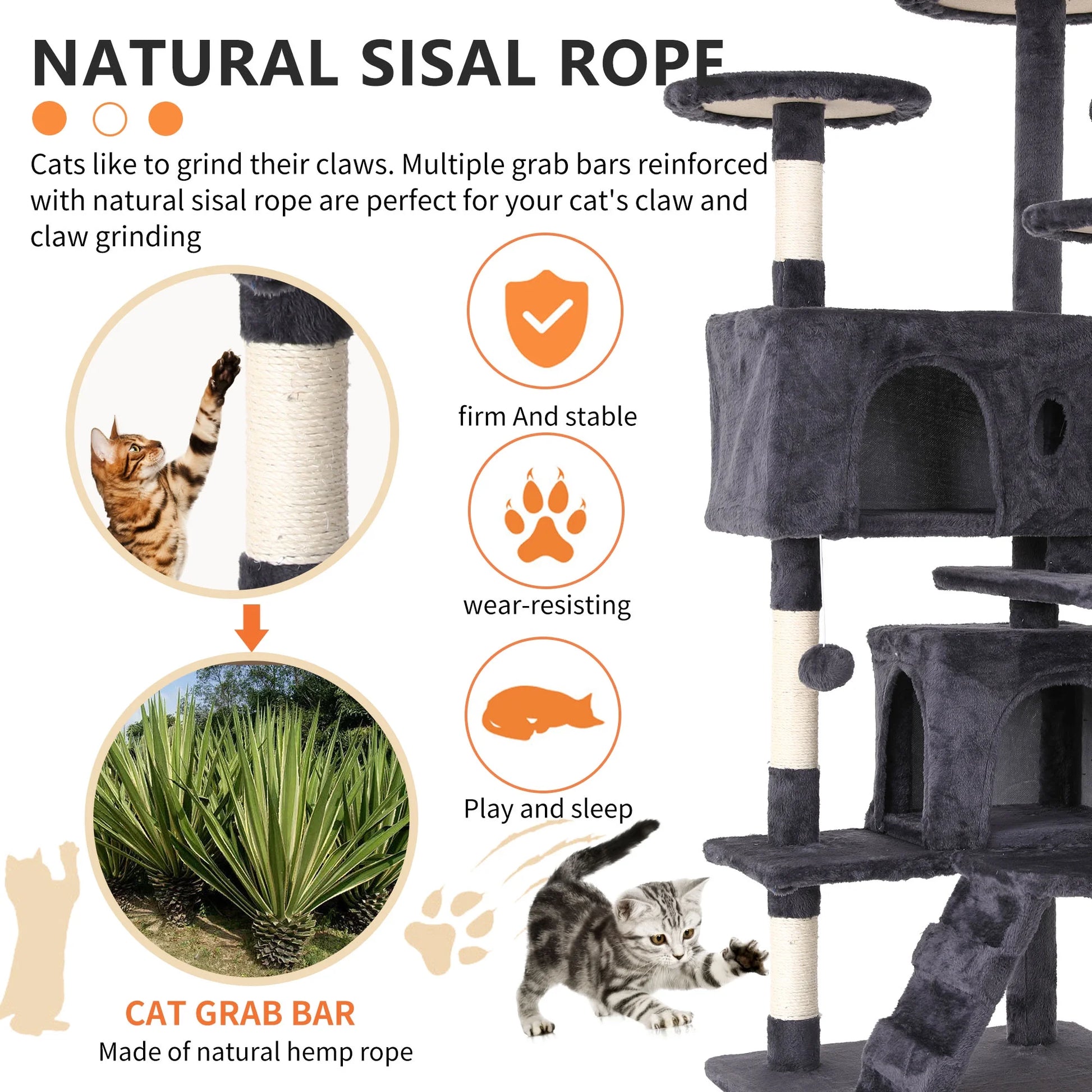 54-Inch Double Condo Cat Tree Tower with Scratching Post and Perch for Indoor Use, Ashy Finish