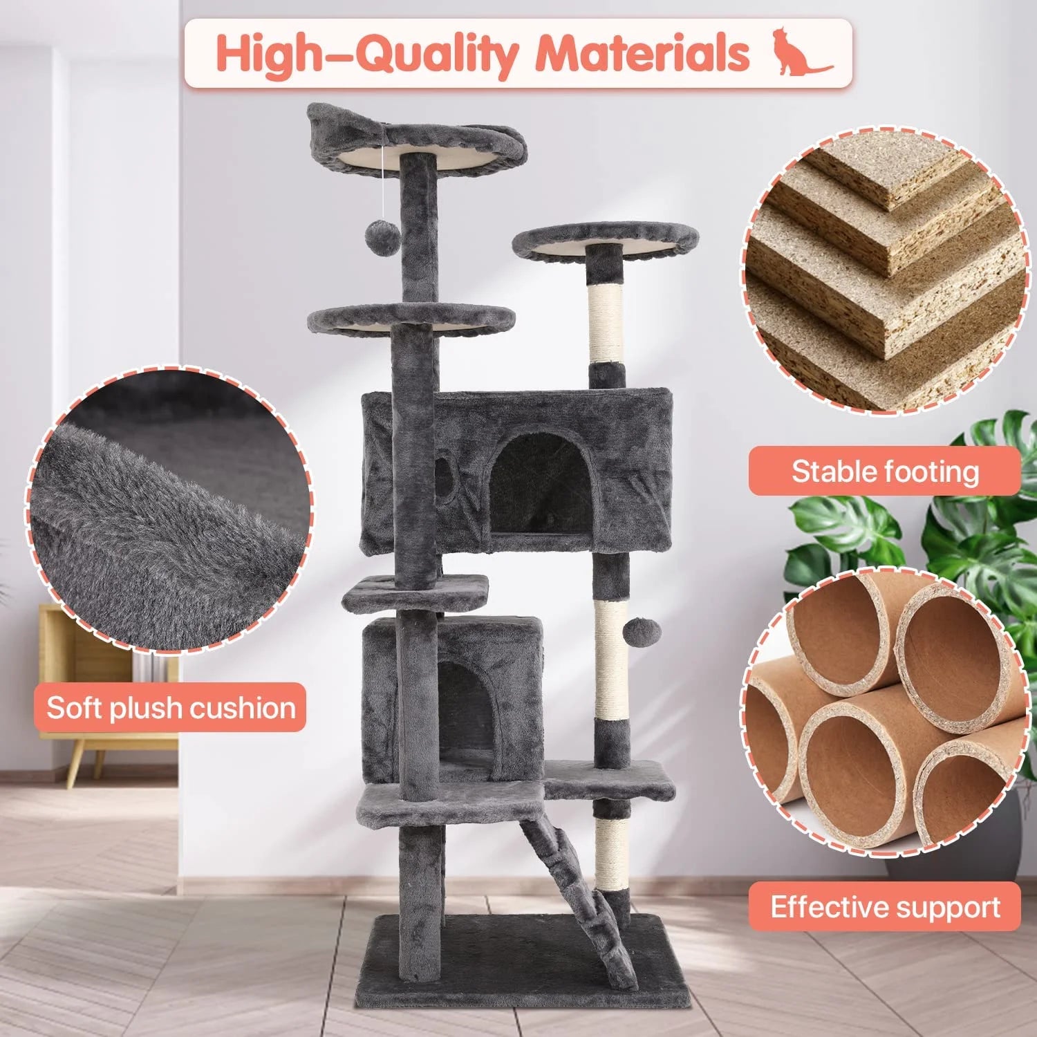 54-Inch Double Condo Cat Tree Tower with Scratching Post and Perch for Indoor Use, Ashy Finish