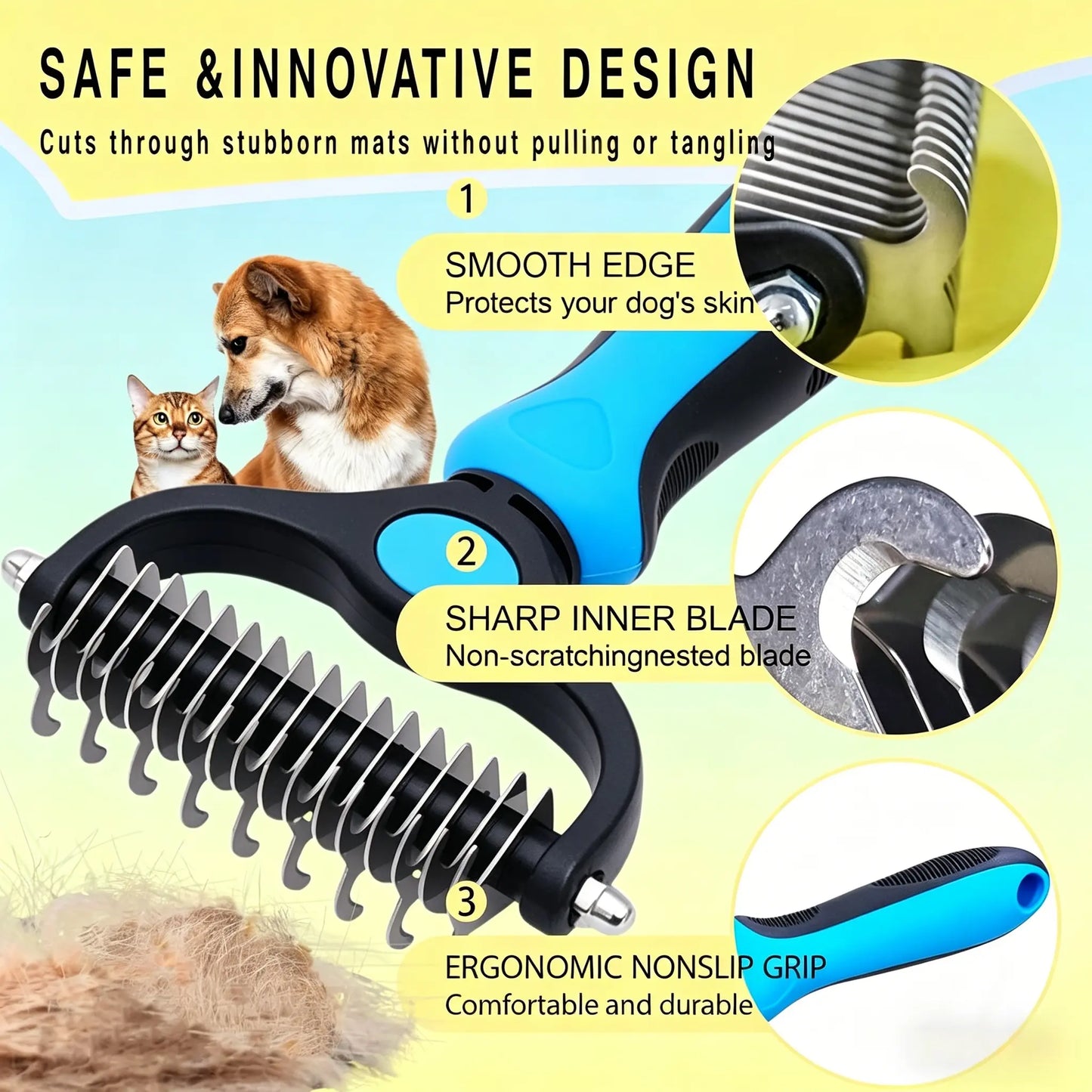 Professional Pet Detangling Comb: Double-Sided Grooming Brush for Dogs and Cats with One-Click Undercoat Rake for Shedding and Mats