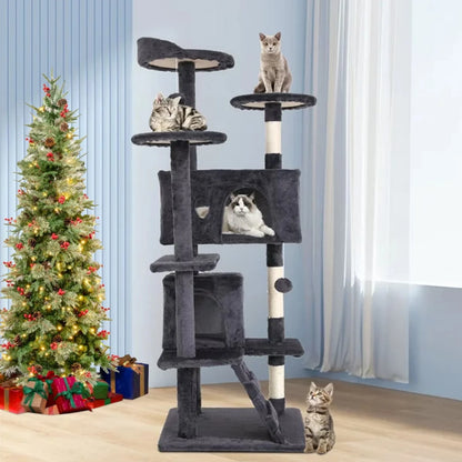 54-Inch Double Condo Cat Tree Tower with Scratching Post and Perch for Indoor Use, Ashy Finish