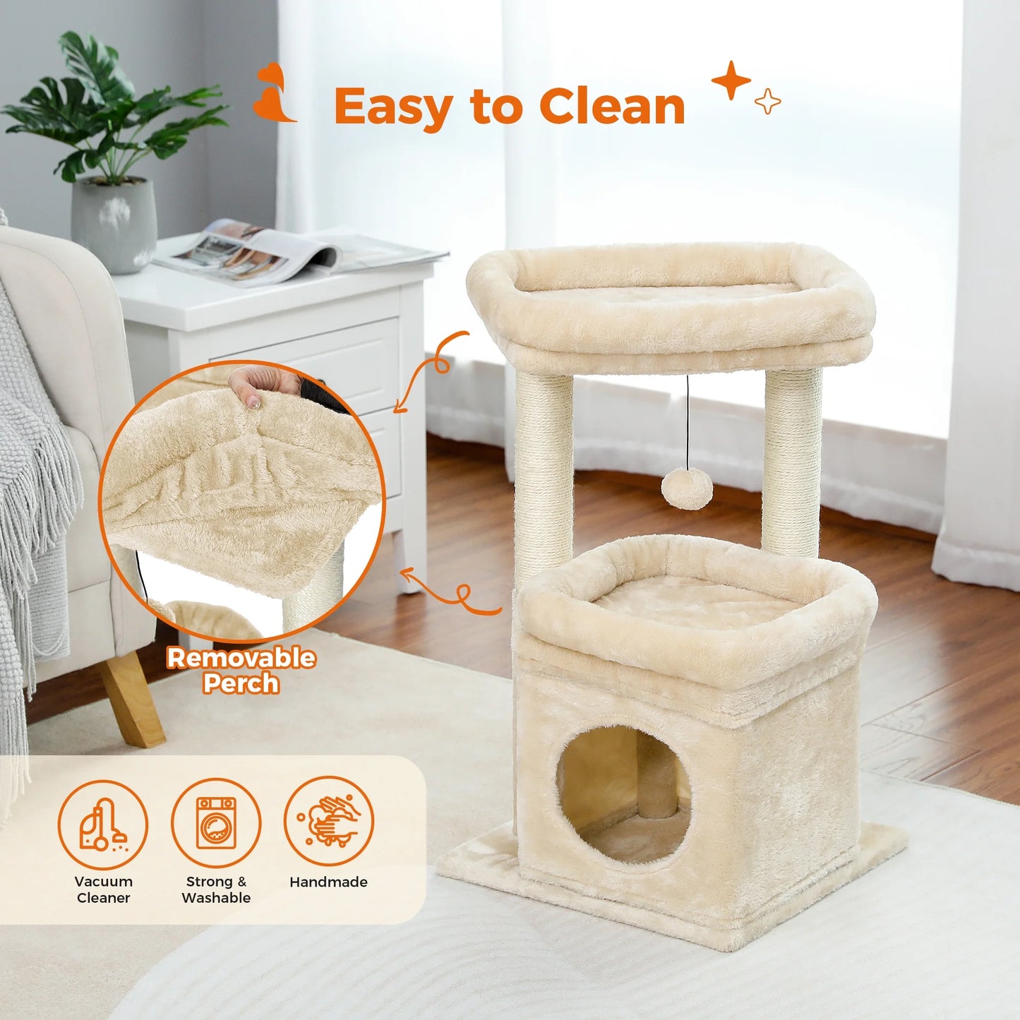 27-Inch Plush Cat Tree with Condo and Scratching Posts for Medium Cats - Beige