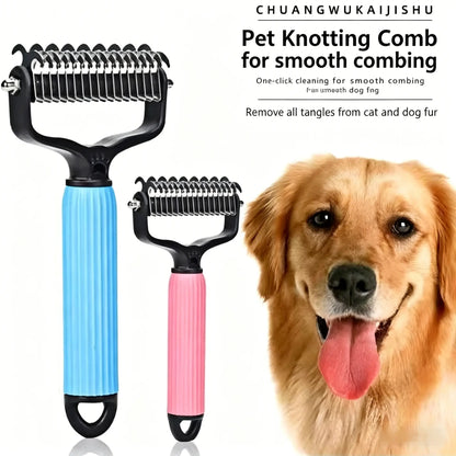 Professional Pet Detangling Comb: Double-Sided Grooming Brush for Dogs and Cats with One-Click Undercoat Rake for Shedding and Mats