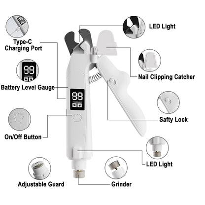 2-In-1 Dog&Cat Nail Clippers with LED Light, Low Noise Electric Pet Nail Grinder for Small Large Dogs & Cats, USB-C Rechargeable Nail Trimmer for Safe Grooming