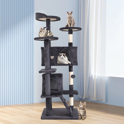 54-Inch Double Condo Cat Tree Tower with Scratching Post and Perch for Indoor Use, Ashy Finish