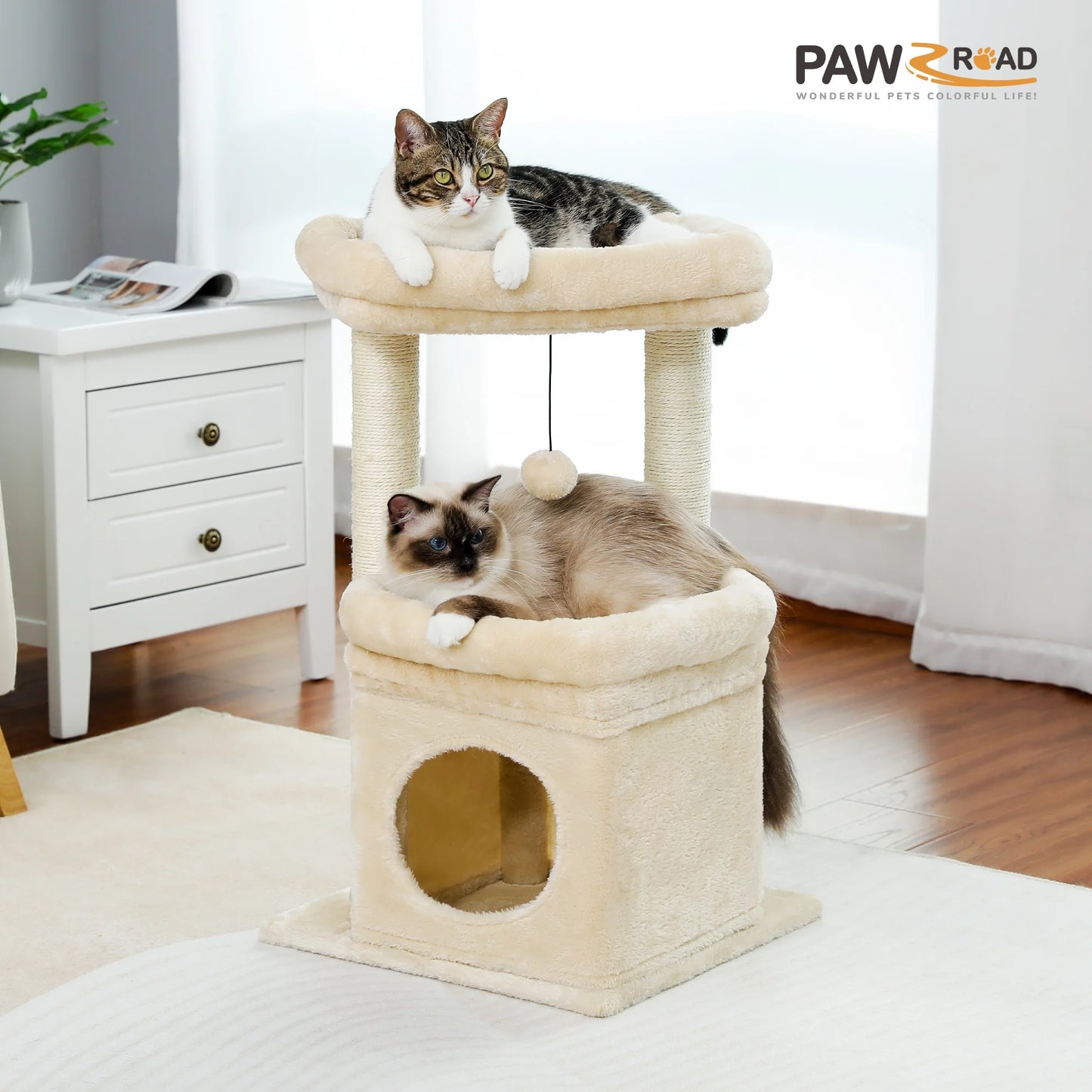 27-Inch Plush Cat Tree with Condo and Scratching Posts for Medium Cats - Beige