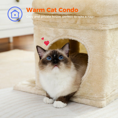 27-Inch Plush Cat Tree with Condo and Scratching Posts for Medium Cats - Beige