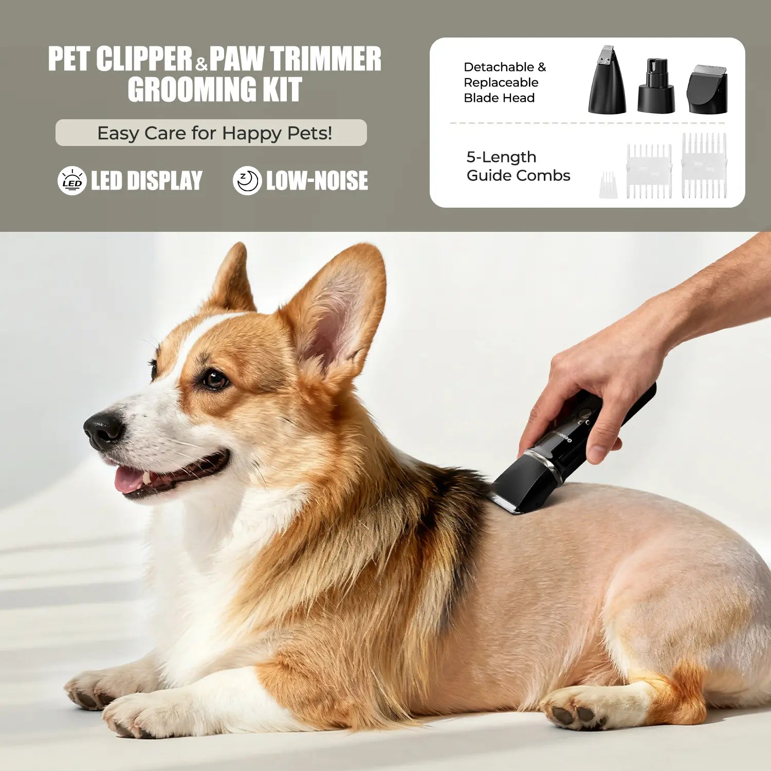Geoorood Dog Clipper, Low Noise Dog Grooming Kit with Rechargeable Battery and LED Display, Cordless Electric Quiet Hair Clipper Set for Dogs, Cats, and Other Pets