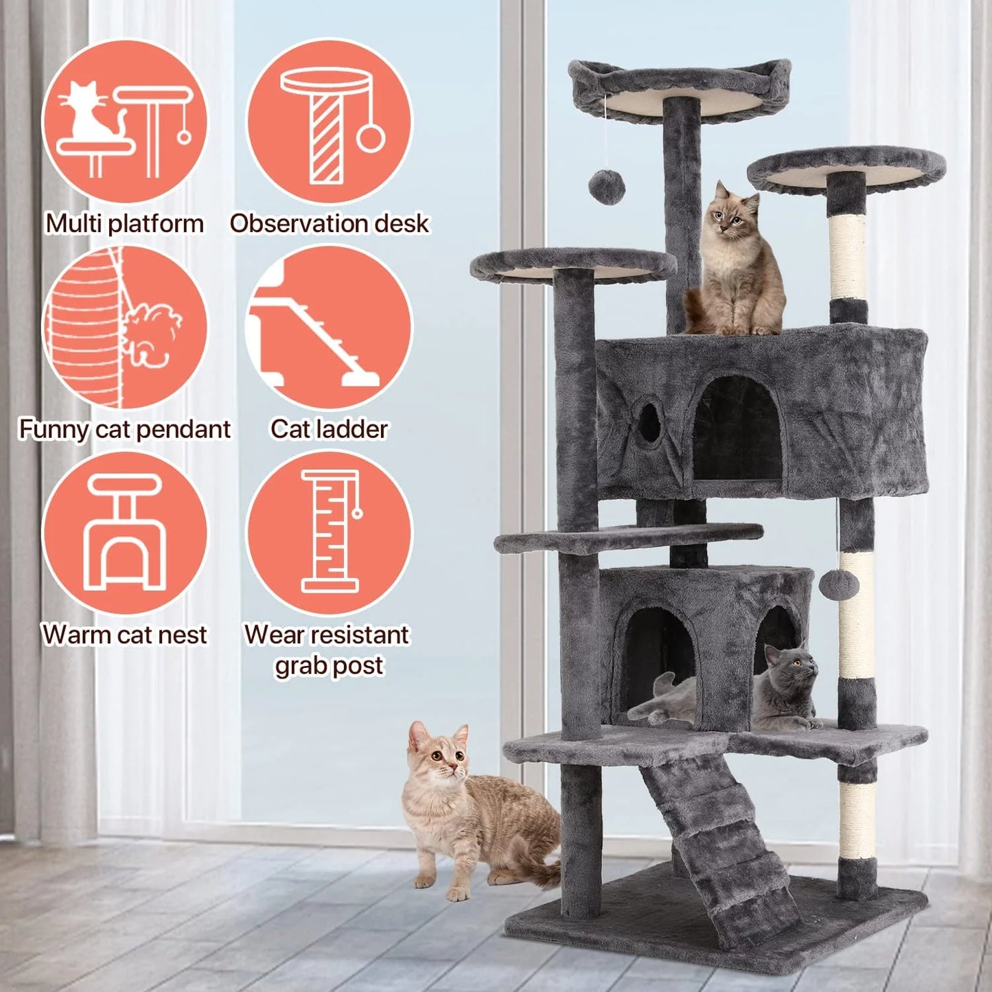 54-Inch Double Condo Cat Tree Tower with Scratching Post and Perch for Indoor Use, Ashy Finish
