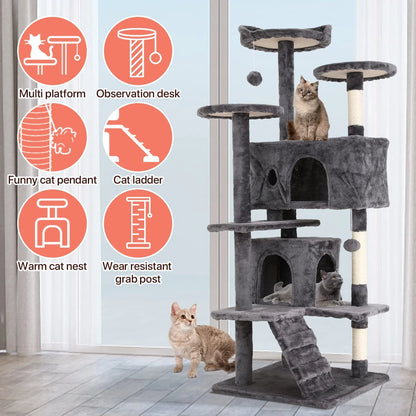 54-Inch Double Condo Cat Tree Tower with Scratching Post and Perch for Indoor Use, Ashy Finish