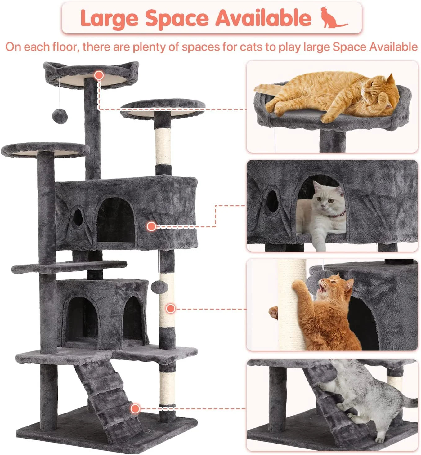 54-Inch Double Condo Cat Tree Tower with Scratching Post and Perch for Indoor Use, Ashy Finish