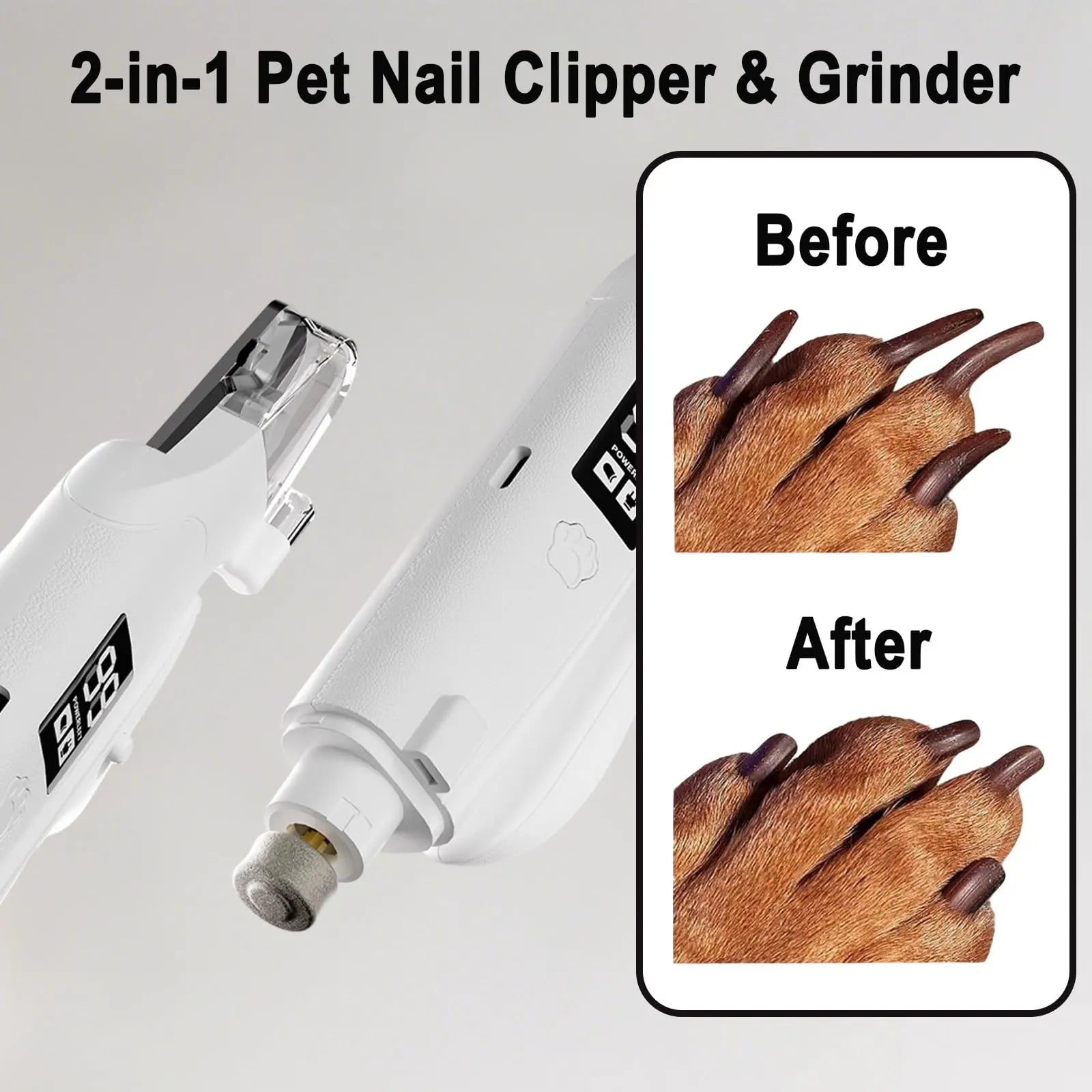 2-In-1 Dog&Cat Nail Clippers with LED Light, Low Noise Electric Pet Nail Grinder for Small Large Dogs & Cats, USB-C Rechargeable Nail Trimmer for Safe Grooming