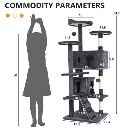 54-Inch Double Condo Cat Tree Tower with Scratching Post and Perch for Indoor Use, Ashy Finish
